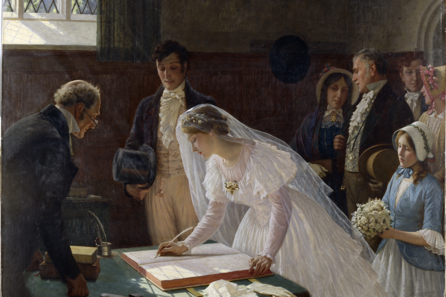 Image: Marking the moment: The Wedding Register by Edmund Blair Leighton, Oil on canvas, 1920, K1828 © Bristol Museums, Galleries & Archives